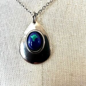 Silver tone blue green teardrop pendant necklace